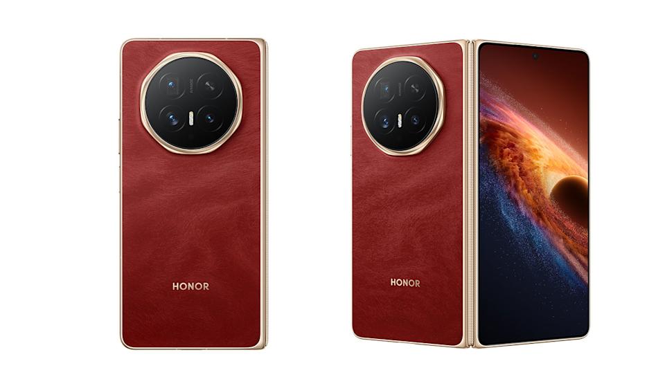 Honor Magic V6 in red pictured closed, showing the back camera (left) and open book-style, with the front display and back camera facing the viewer (right)