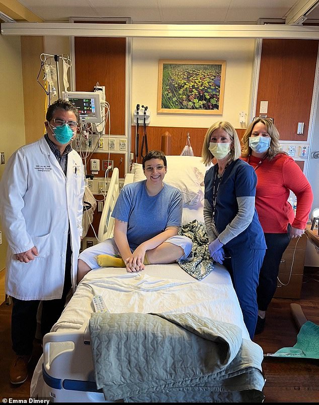 Weston-Dimery endured 10 abdominal surgeries and years of chemotherapy, radiation and immunotherapy before she was referred to the trial. She is shown above in the hospital