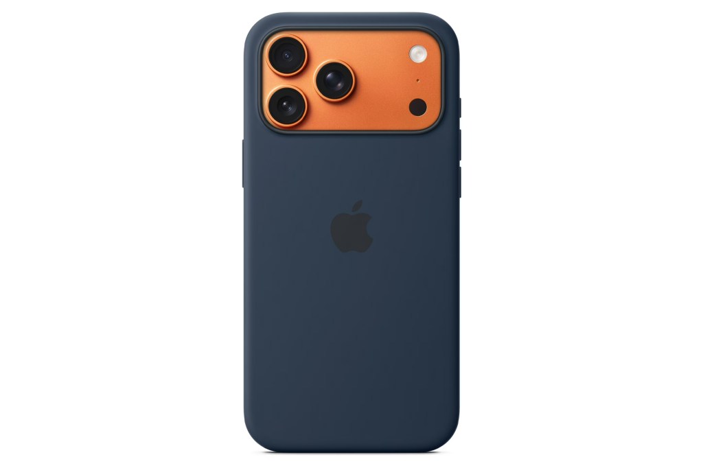 An Apple iPhone 17 Pro Max silicone case in blue, with the camera area in copper.