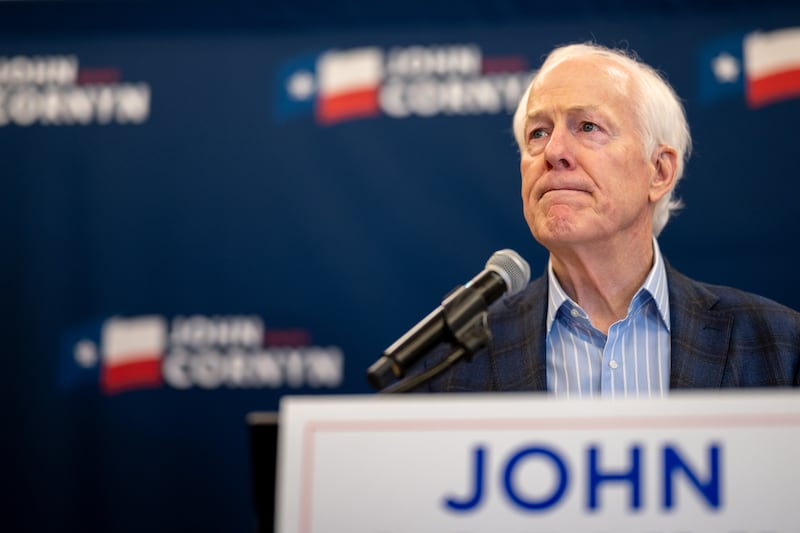 Sen. John Cornyn speaks to members of the media on March 03, 2026 in Austin after early results indicated a runoff race between him and opponent Texas Attorney General Ken Paxton.