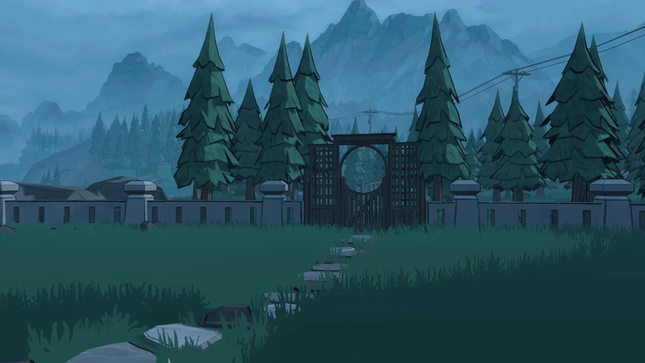 Screenshot from Blue Prince showing a fenced-off area with a wooden gate.
