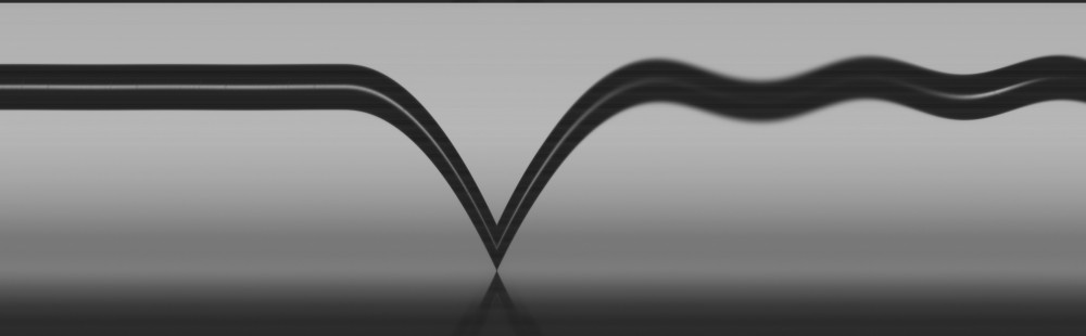 The trace of a bouncing particle an black line on a grey background