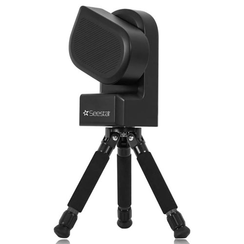 The ZWO Seestar S50 smart telescope in black on a white background.