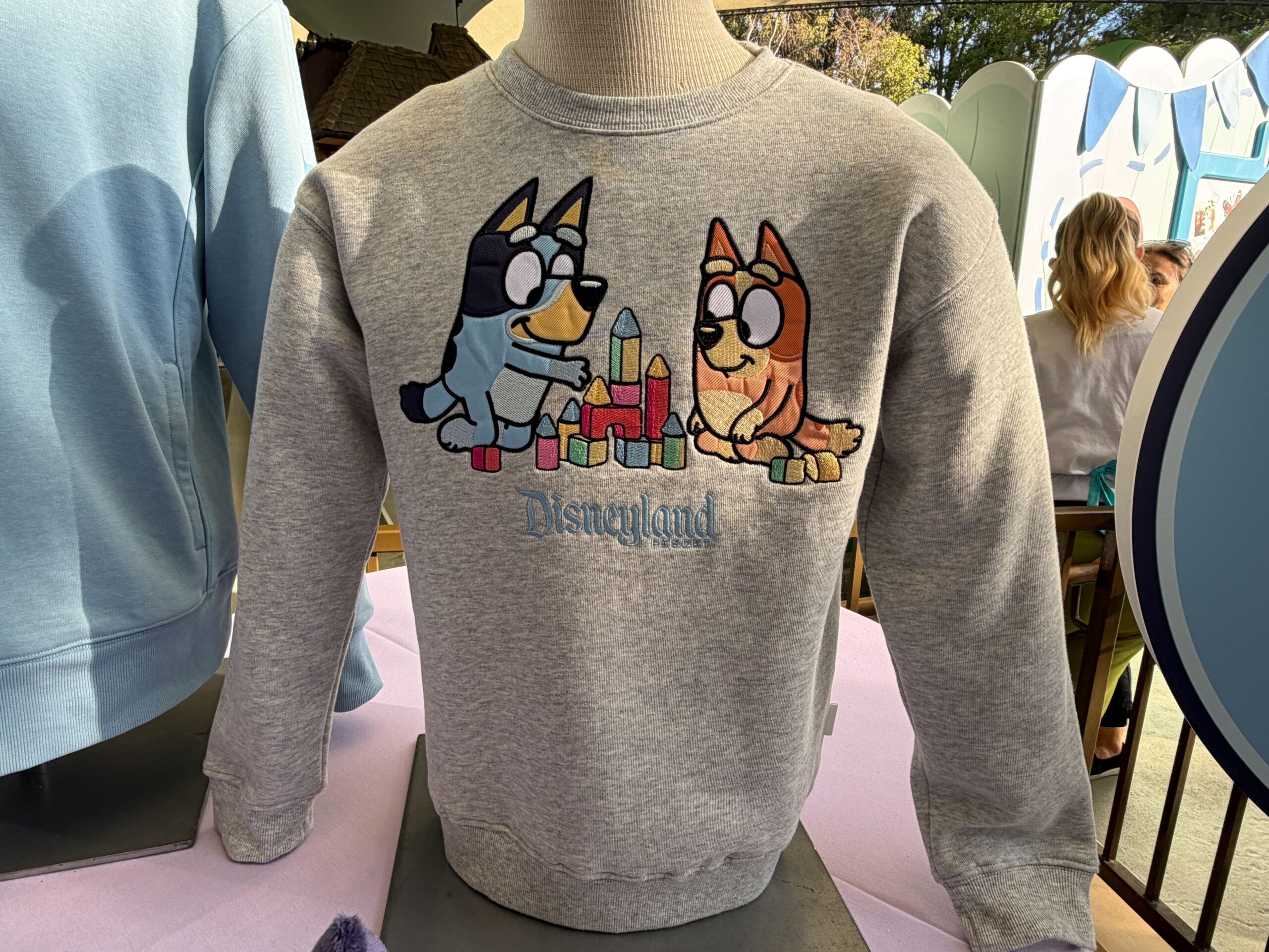 To the right is a heather gray crewneck sweatshirt. The embroidered graphic shows Bluey and Bingo sitting together on the ground, playing with colorful toy blocks and assembling them into what looks like a castle shape. The “Disneyland” logo appears below them in blue script-style lettering.