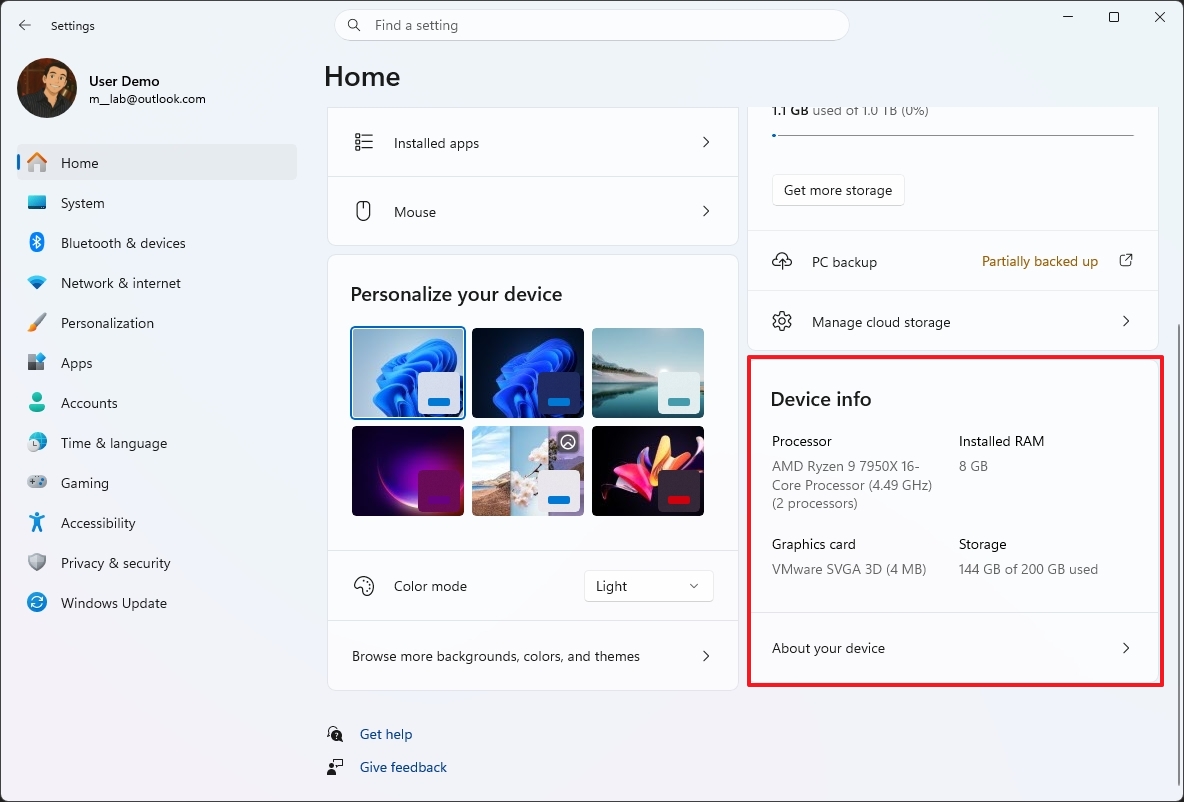 Settings Home Device Info card