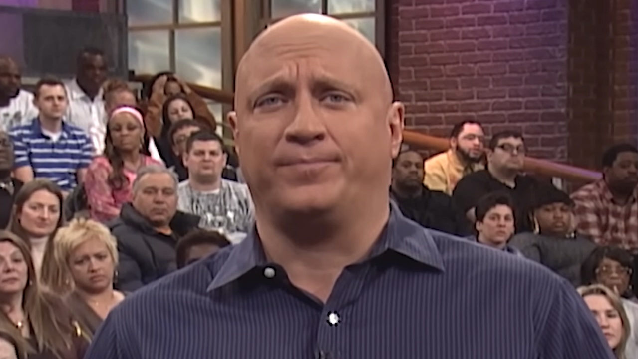 Close-up of Steve Wilkos' grimacing face in front of TV audience on The Steve Wilkos Show