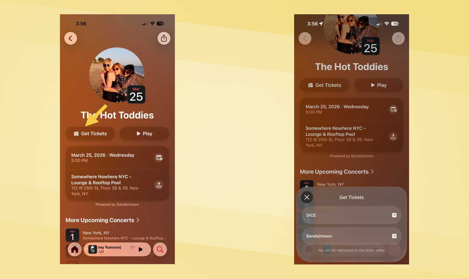 iOS 26.4 Concert search screenshots.