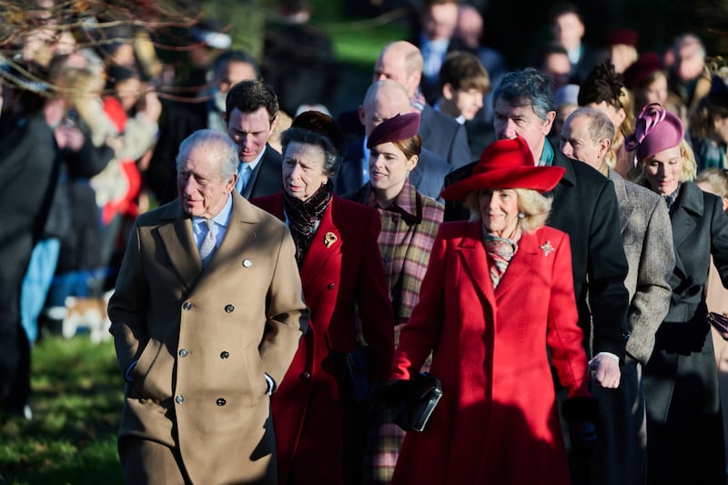 SANDRINGHAM, NORFOLK - DECEMBER 25: King Charles III, Princess Anne, Princess Royal, Princess Eugenie of York and Queen Camilla attend the Christmas Morning Service at Sandringham Church on December 25, 2025 in Sandringham, Norfolk. (Photo by Jordan Peck/Getty Images)