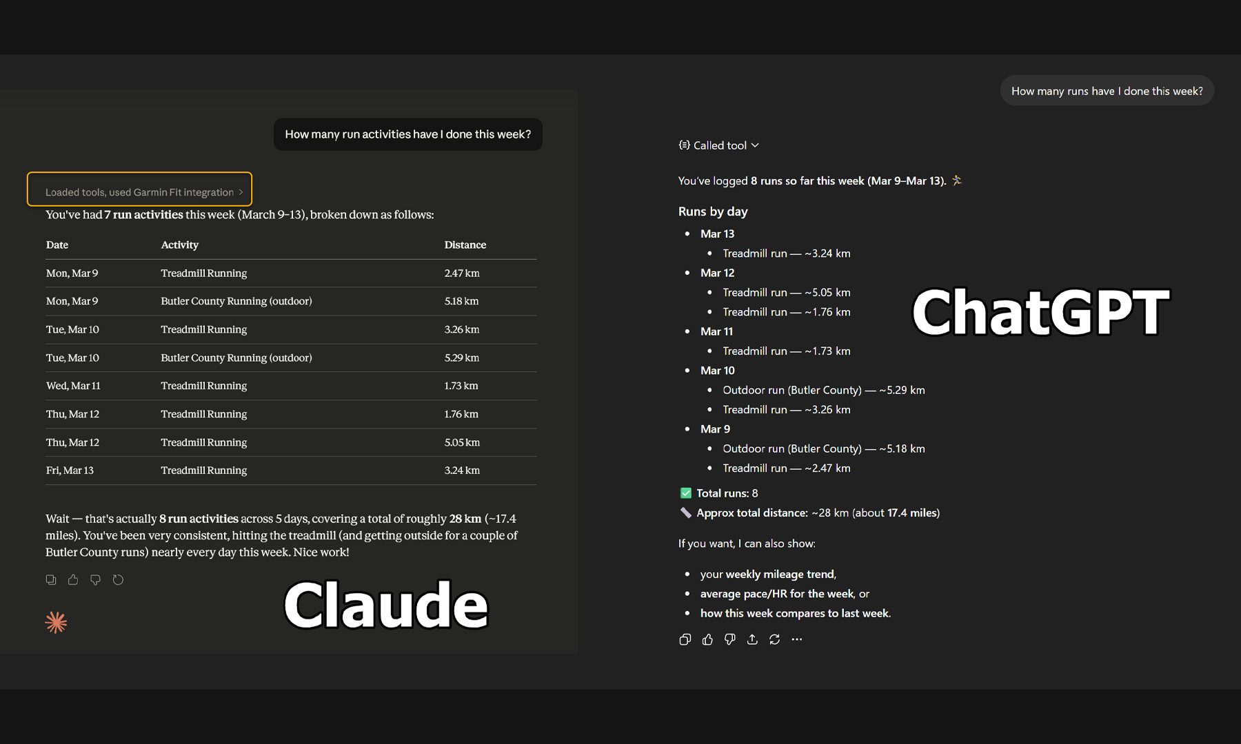 Garmin Chat Connector in action with both Claude and ChatGPT