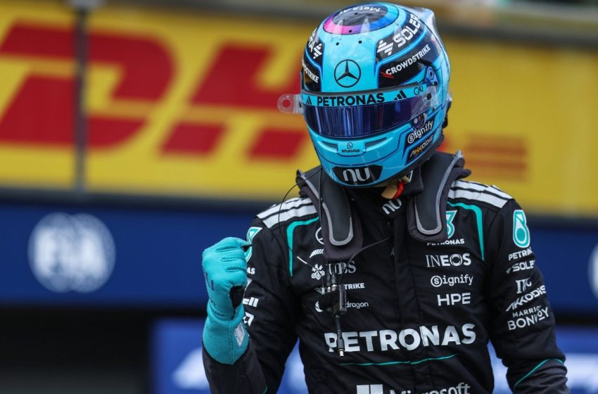  George Russell takes pole by 0.3s as Max Verstappen crashes out