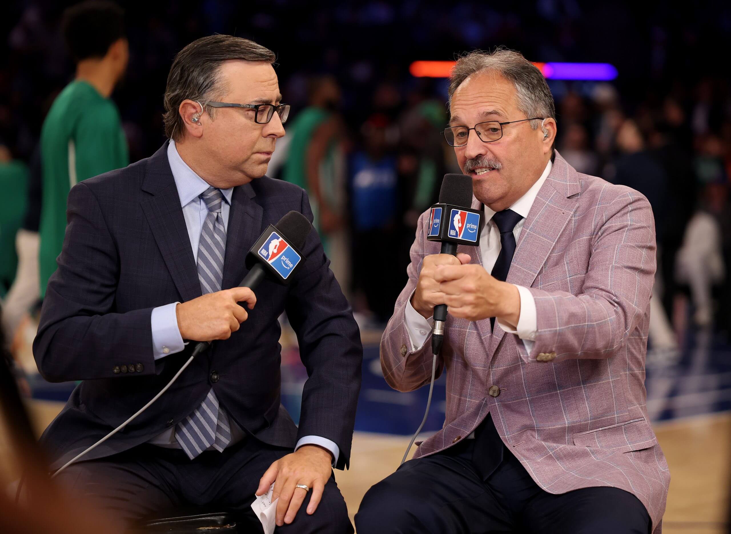 Ian Eagle and Stan Van Gundy, Amazon Prime broadcasters, at the mic before the New York Knicks take on the Boston Celtics.