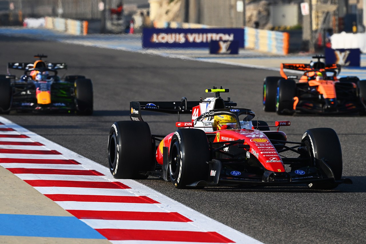 Lewis Hamilton of Great Britain driving the (44) Scuderia Ferrari SF-26 leads Oscar Piastri of Australia driving the (81) McLaren MCL40 Mercedes and Max Verstappen of the Netherlands driving the (3) Oracle Red Bull Racing RB22 Red Bull Ford on track during day two of F1 Testing at Bahrain International Circuit on February 19, 2026 in Bahrain, Bahrain.