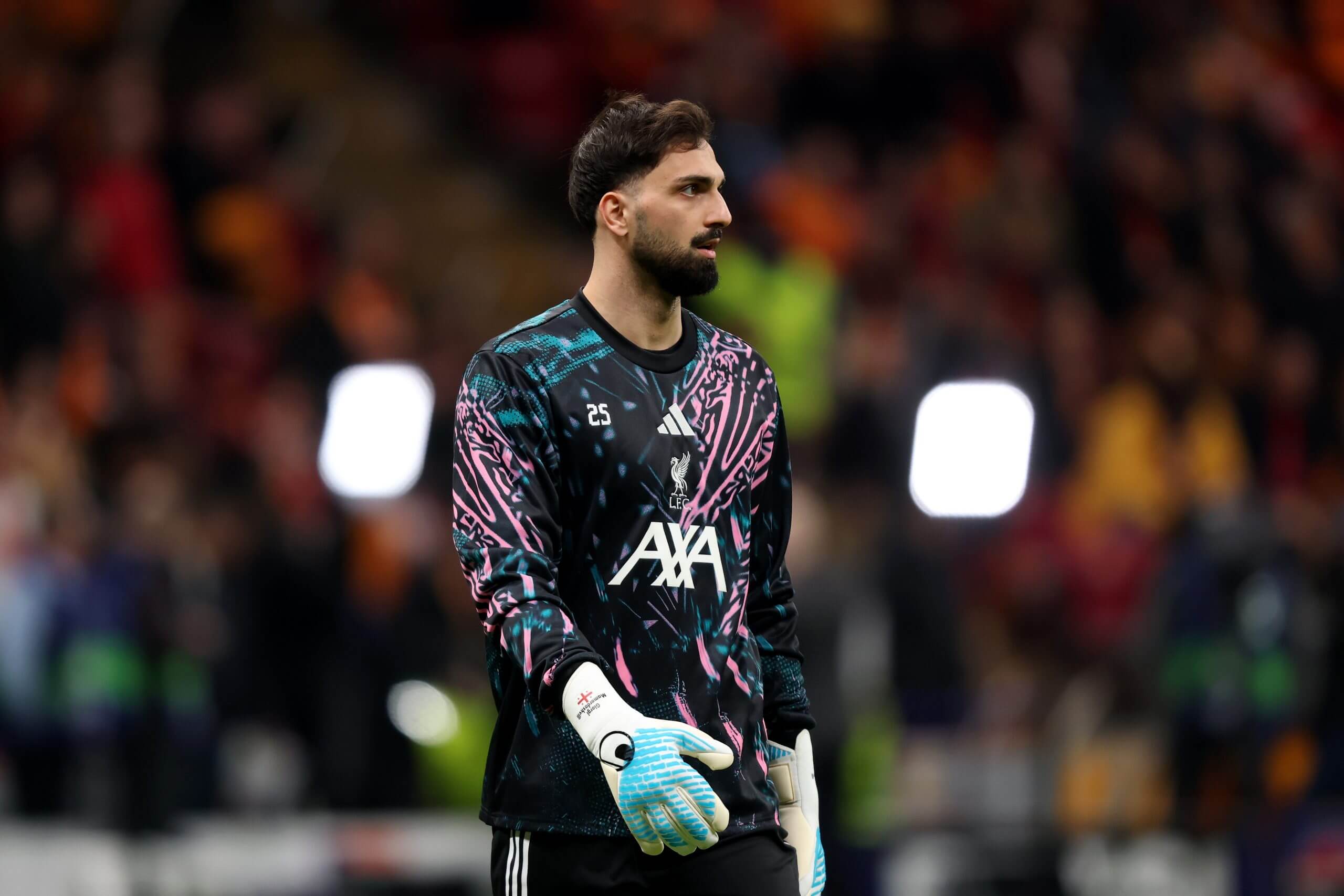 Giorgi Mamardashvili watches play develop upfield at Rams Park