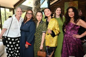 BEVERLY HILLS, CALIFORNIA - MARCH 11: (L-R) Mary Alice Drumm, Yvett Merino, Maggie Kang, Domee Shi, Madeline Sharafian and Michelle Wong attend the 98th Academy Awards Luncheon For Female Nominees Hosted by Diane von Furstenberg on March 11, 2026 in Beverly Hills, California. (Photo by Emma McIntyre/Getty Images for DVF)
