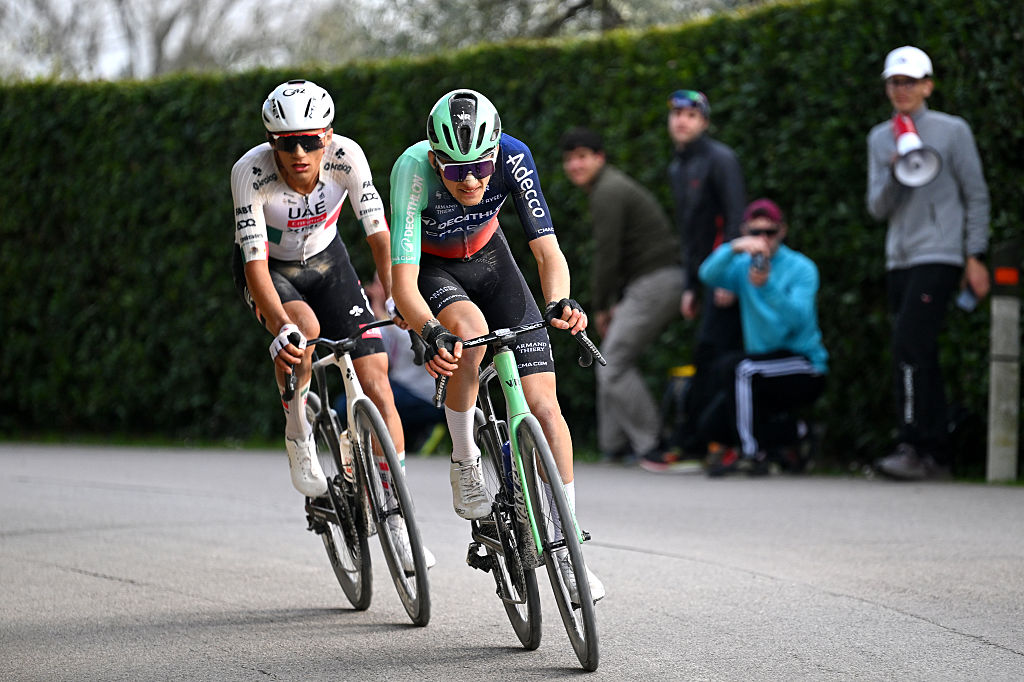 SIENA, ITALY - MARCH 07: (L-R) Isaac Del Toro of Mexico and UAE Team Emirates - XRG and Paul Seixas of France and Team Decathlon CMA CGM compete in the chase group during the 20th Strade Bianche 2026 a 203km one day race from Siena to Siena / #UCIWT / on March 07, 2026 in Siena, Italy. (Photo by Tim de Waele/Getty Images)