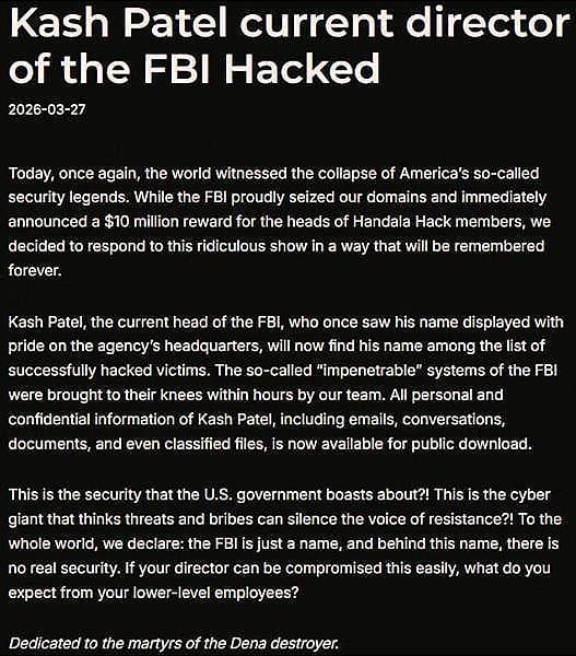 Handala hackers announcing FBI Director Patel's inbox hack