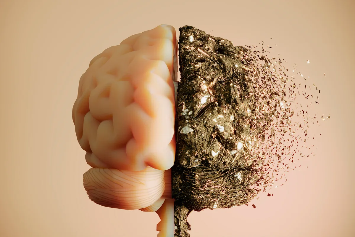 A brain. The left side is pink and healthy, the right is brown and disintegrating
