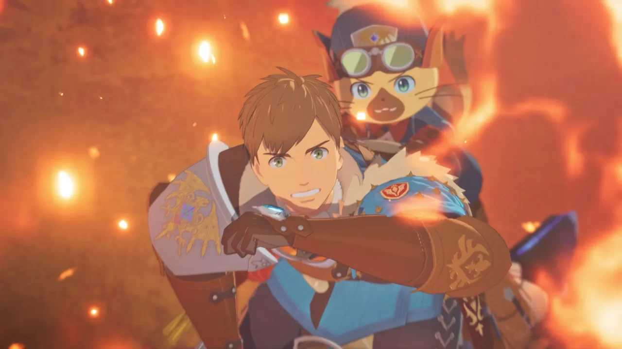 Monster Hunter Stories 3 Twisted Reflection Screenshot of the protagonist and Palico perched on his shoulder running through fire