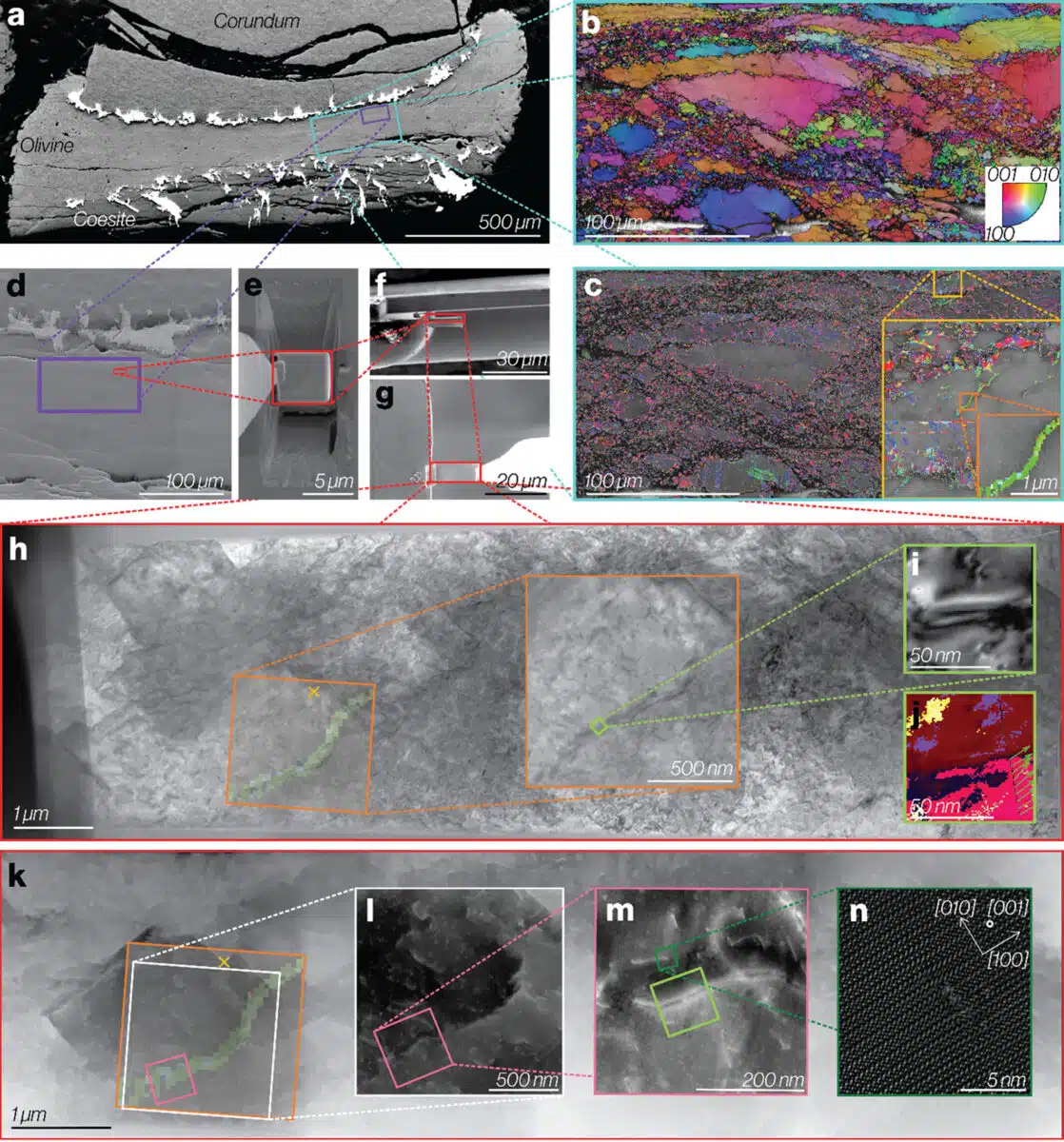 Multi Scale Imaging Of Olivine Showing Crystal Deformation And Confirmed Dislocations Through Ebsd And Tem.