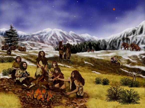 Neanderthals Gathered Around A Fire In A Cold, Mountainous Landscape, Illustrating Their Social Life And Fire Use.