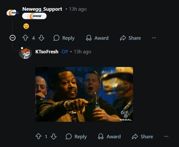 A social media exchange on Newegg's platform shows an emoji reply from 'Newegg_Support' and a GIF reaction posted by 'KTsoFresh'.