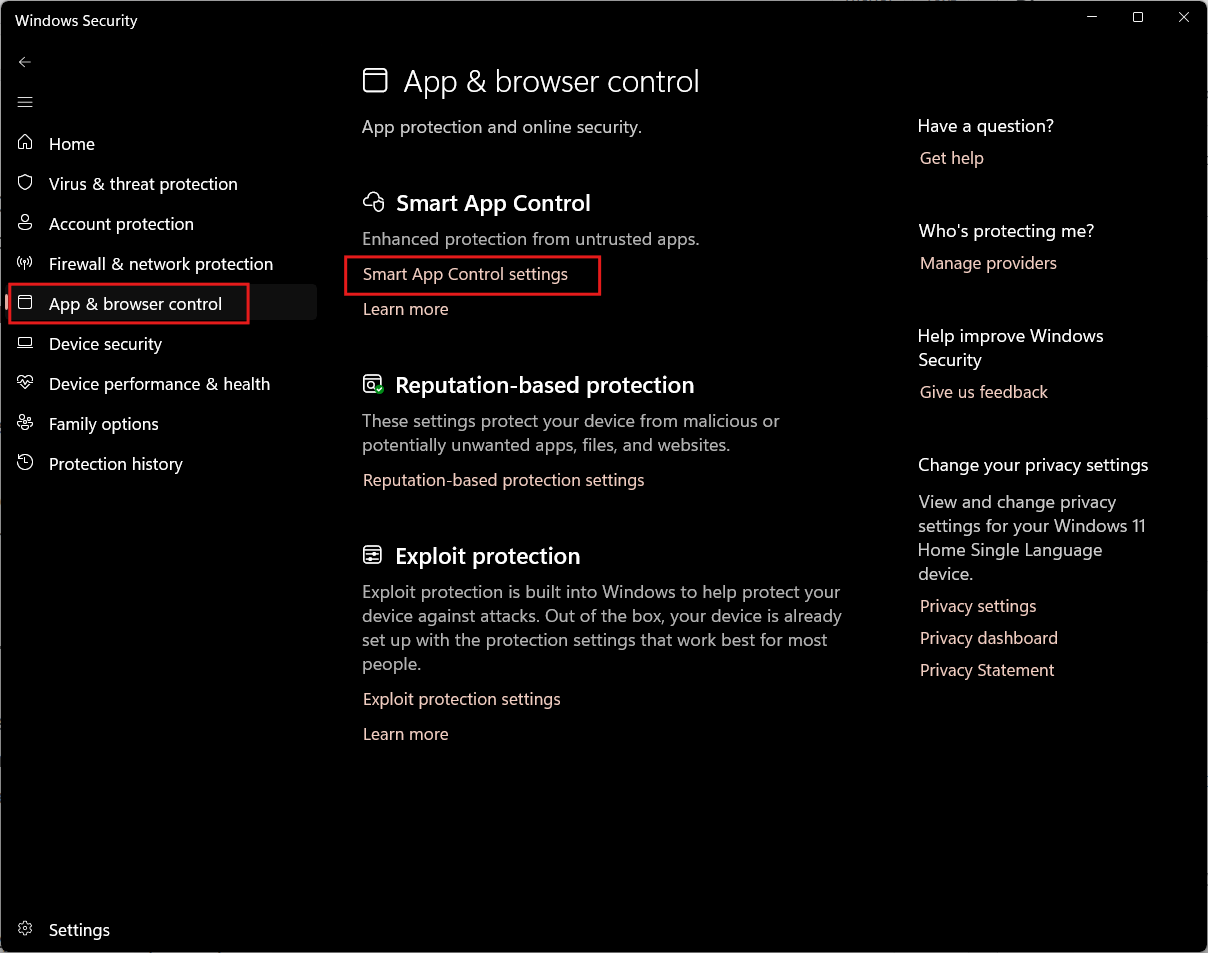 Open Smart App Control Settings in Windows 11