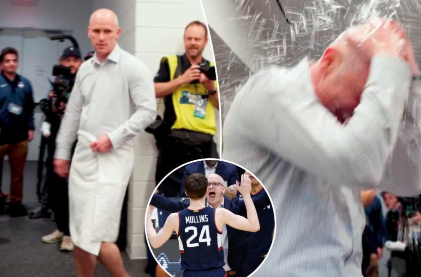  Pantsless Dan Hurley celebrates UConn’s incredible March Madness win against Duke