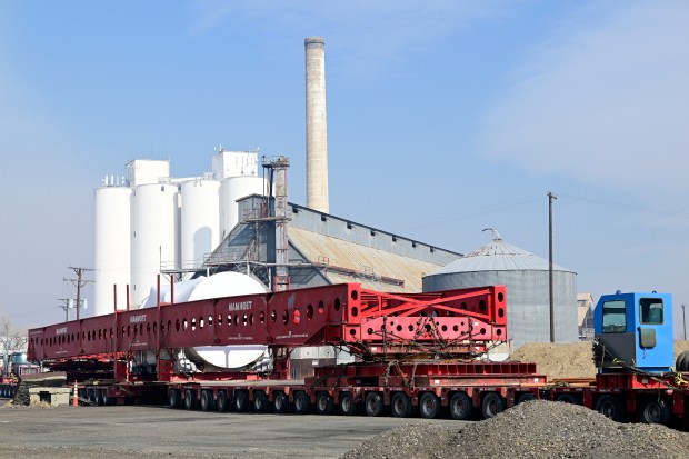 Friday, March 13, 2026, in preparation of moving some A massive piece of Xcel Energy equipment that weighs over 1 million pounds and is 300 feet long rests on a trailer in Loveland before it is moved. It is a turbine that is part of a natural gas operation bound for Xcel's Fort St. Vrain generating station near Platteville. (Jenny Sparks/Loveland Reporter-Herald)