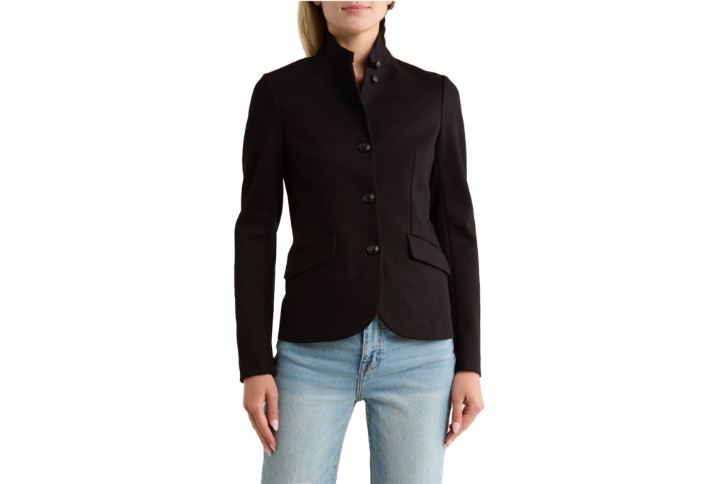 Black blazer with a mandarin collar, three buttons, and two front pockets.