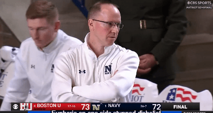 Navy coach Joe Perry saw his team lost at home after the clock did not start on time on BU's final possession.