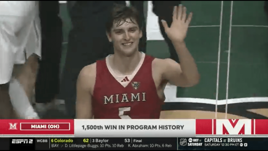 Peter Suder waves goodbye to the Ohio fans after Miami Ohio defeated them in overtime to cap off their undefeated season.