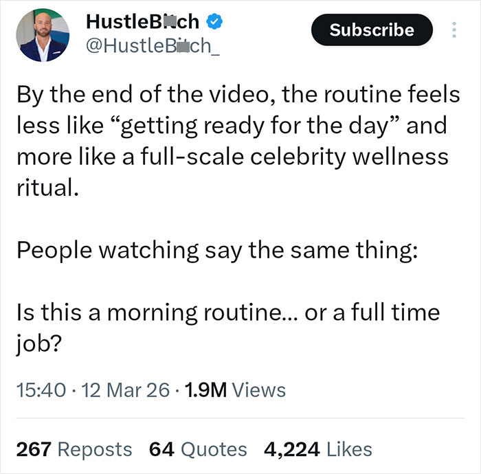 Tweet discussing a morning routine that feels more like a full time job, sparking debate about celebrity wellness rituals. Tweet discussing a morning routine that feels more like a full time job, sparking debate about celebrity wellness rituals.