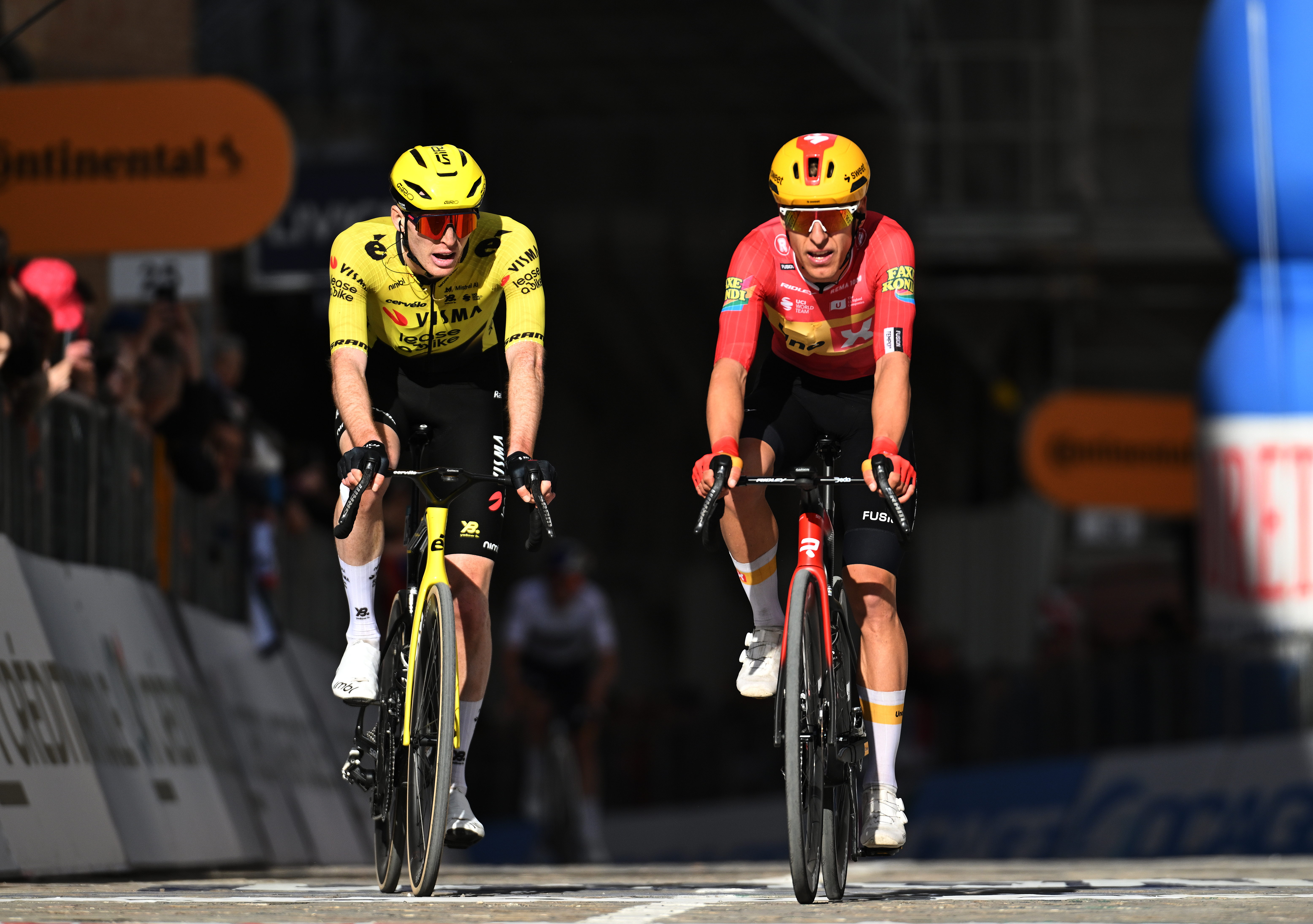 Matteo Jorgenson and Tobias Halland Johannessen finishing stage 6 of the 2026 Tirreno-Adriatico