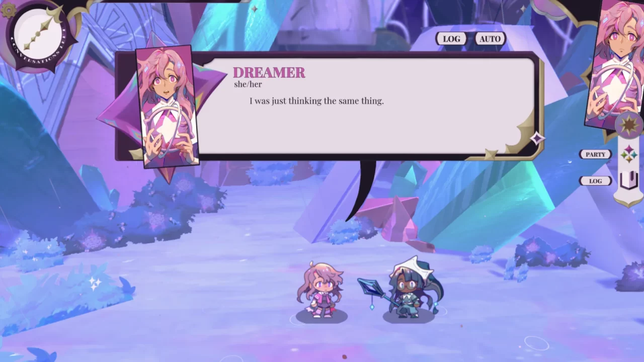 Starweave screenshot of protagonist Dreamer expressing similar thoughts to another character.