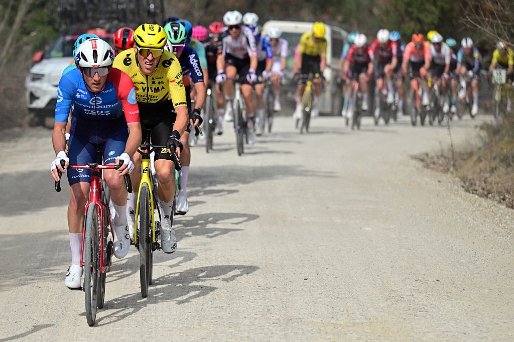 The pack of riders pictured in action during the men elite 'Strade Bianche' one day cycling race, 203km from and to Siena, Italy on Saturday 07 March 2026. BELGA PHOTO DIRK WAEM (Photo by DIRK WAEM / BELGA MAG / Belga via AFP)