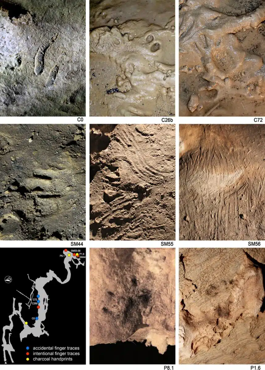 This Image Showcases Various Human Handprints And Finger Traces Discovered In A Cave