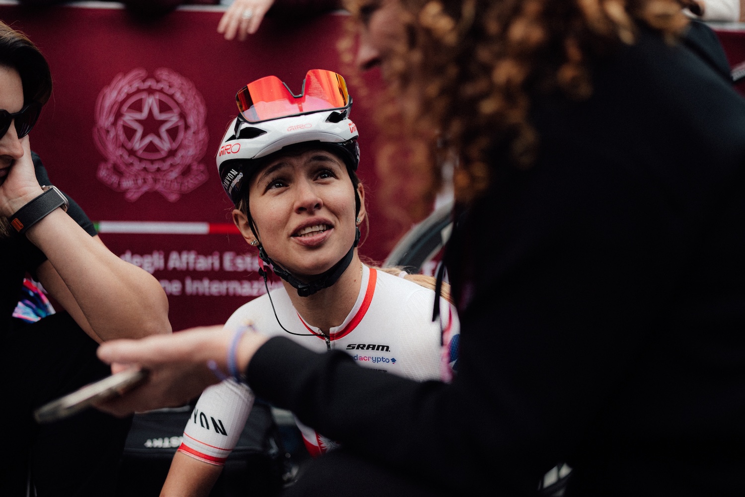Scenes at the finish of Strade Bianche