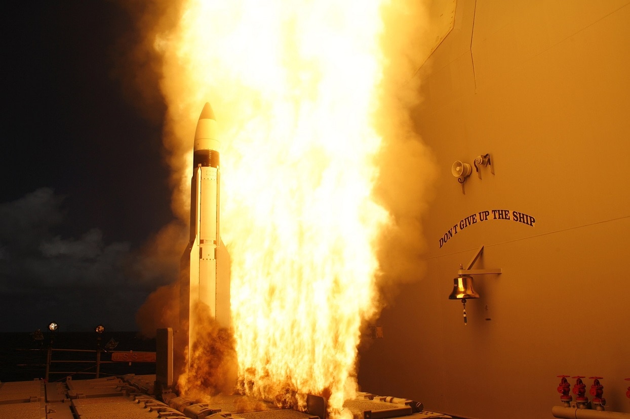 PACIFIC OCEAN (April 26, 2007) - A Standard Missile-3 (SM-3) is launched from the Aegis-class guided missile cruiser USS Lake Erie (CG 70), during a joint Missile Defense Agency, U.S. Navy ballistic missile flight test. Approximately three minutes later, the SM-3 intercepted a unitary (non-separating) ballistic missile threat target, launched from the Pacific Missile Range Facility, Barking Sands, Kauai, Hawaii. Within moments of this launch, the USS Lake Erie also launched a Standard Missile-2 (SM-2) against a hostile air target in order to defend herself. The test was the eighth intercept, in 10 program flight tests. The test was designed to show the capability of the ship and its crew to conduct ballistic missile defense and at the same time defend herself. This test also marks the 27th successful hit-to-kill intercept in tests since 2001. U.S. Navy photo (RELEASED)