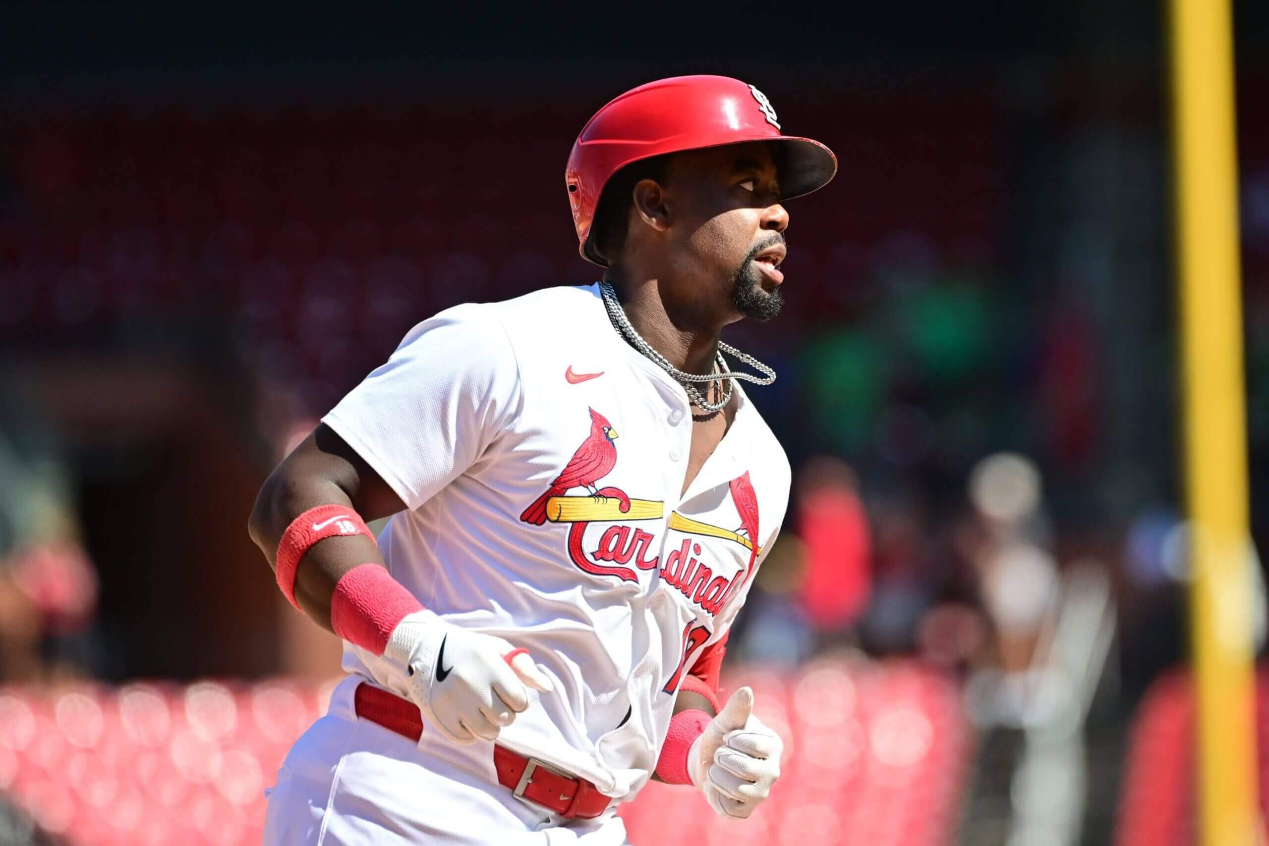 St. Louis Cardinals right fielder Jordan Walker (18) rounds the bases after hitting a two-run home run in the seventh inning against the Pittsburgh Pirates at Busch Stadium.