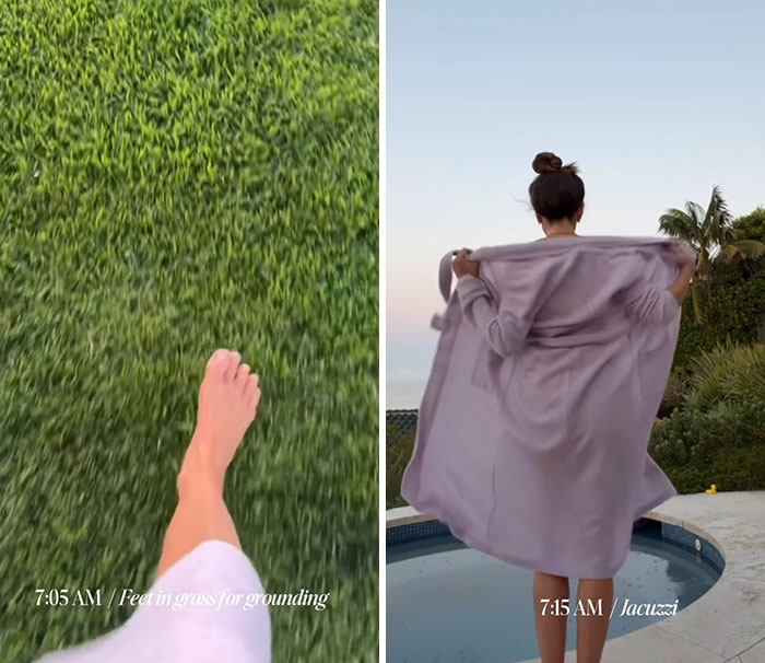 Feet walking on grass and a person in a bathrobe by a jacuzzi during a full time job morning routine. Feet walking on grass and a person in a bathrobe by a jacuzzi during a full time job morning routine.