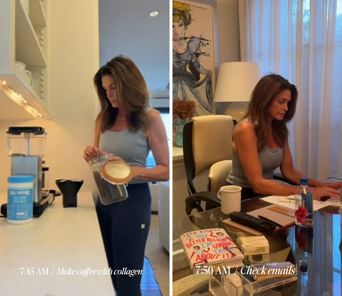 Cindy Crawford's full time job morning routine includes making coffee with collagen and checking emails at home. Cindy Crawford's full time job morning routine includes making coffee with collagen and checking emails at home.