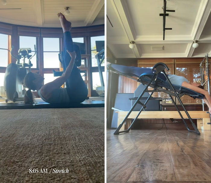Woman performing morning stretches on a mat and using an inversion table as part of a full time job fitness routine. Woman performing morning stretches on a mat and using an inversion table as part of a full time job fitness routine.