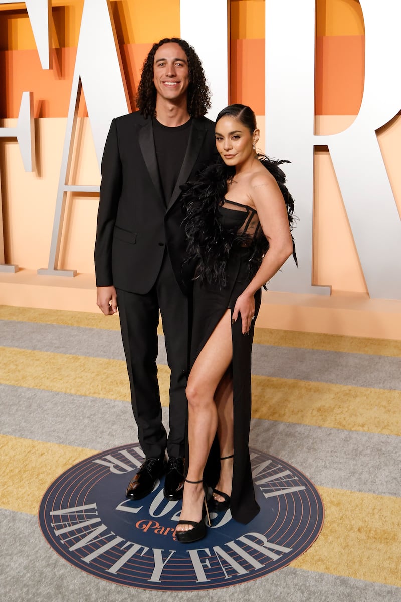 Cole Tucker and Vanessa Hudgens at the 2025 Vanity Fair afterparty following the 97th Academy Awards.