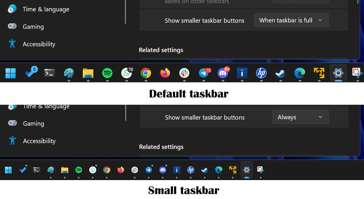 Windows 11 small taskbar buttons