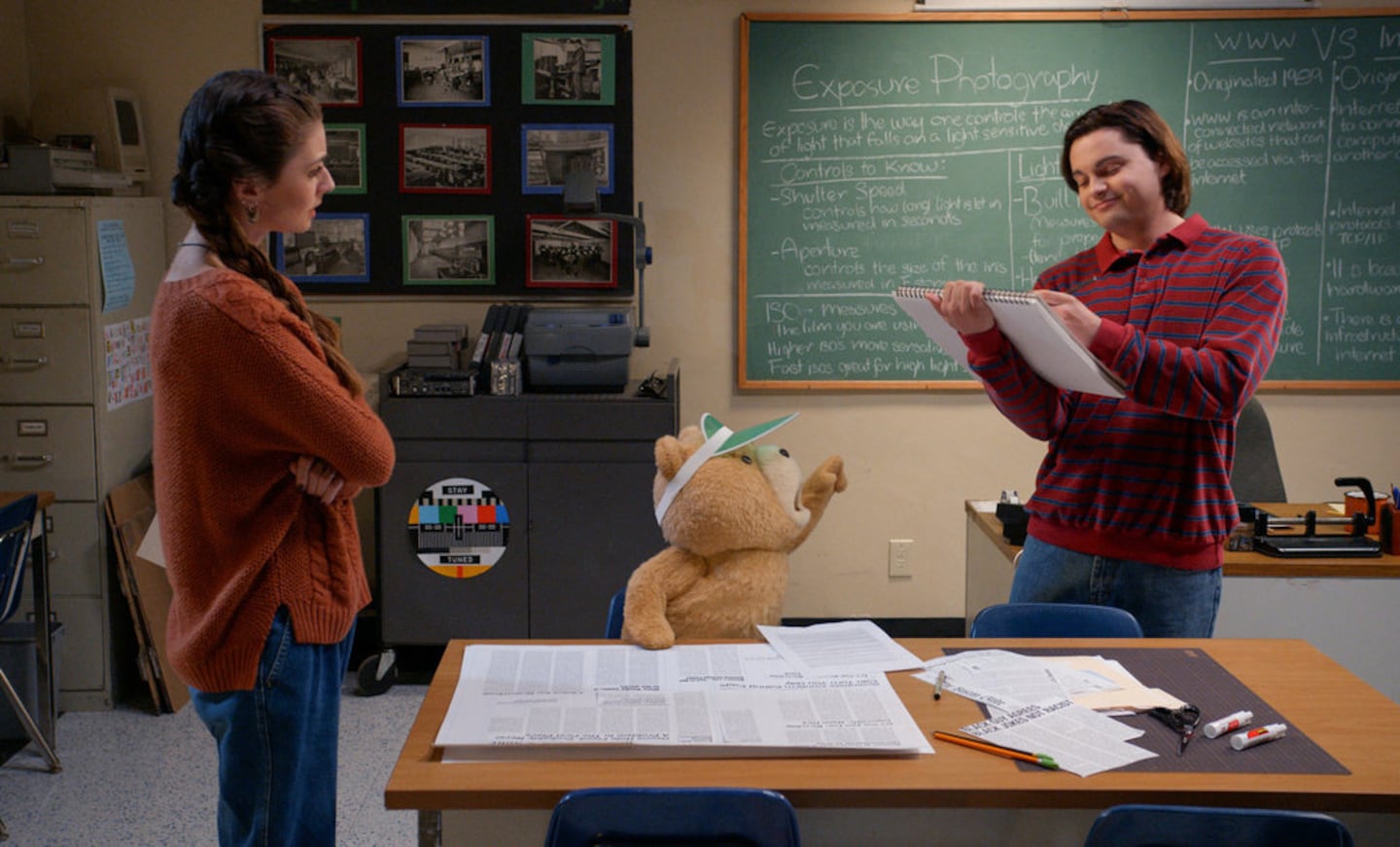 From left: Giorgia Whigham as Blaire, Ted (voiced by Seth MacFarlane), and Max Burkholder as John in "Ted."
