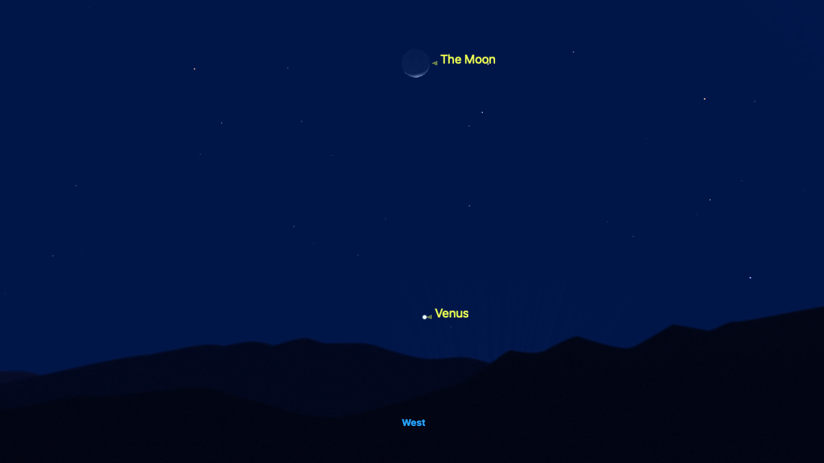 night sky map showing a very thin crescent moon shining in the center and venus below, low on the horizon.