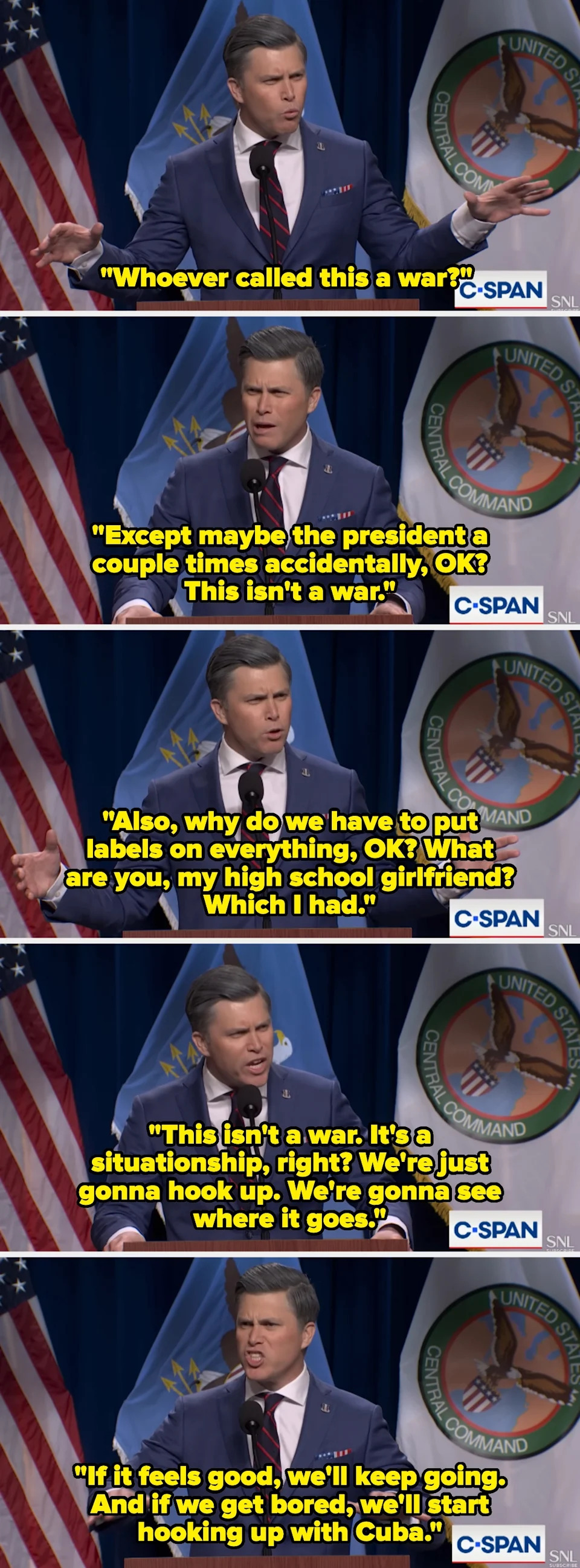 Comedian delivers a satirical speech, humorously denying a situation is a "war" and jokes about labeling, referencing a past relationship as an example