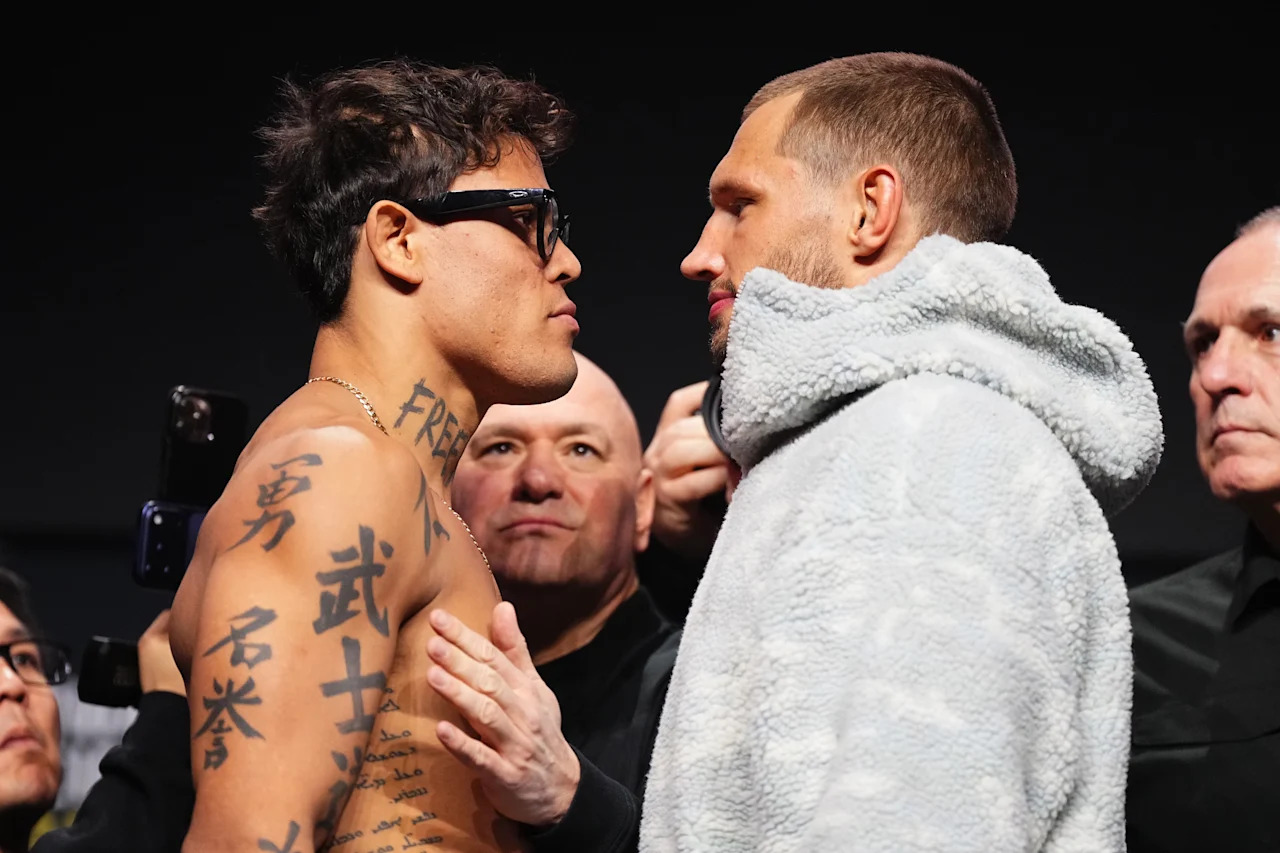 LAS VEGAS, NEVADA - MARCH 05: (L-R) Opponents Caio Borralho of Brazil and Reinier de Ridder of The Netherlands face off during the UFC 326 press conference at MGM Grand Garden Arena on March 05, 2026 in Las Vegas, Nevada.  (Photo by Jeff Bottari/Zuffa LLC)