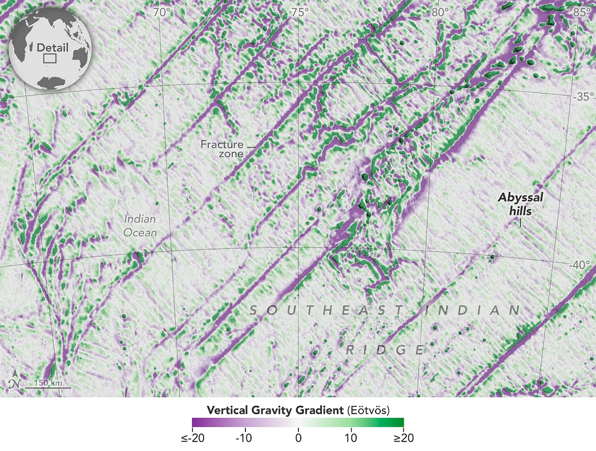 A map of the seafloor showing abyssal hills in the Indian Ocean, measured by the SWOT satellite. Credit: NASA Earth Observatory