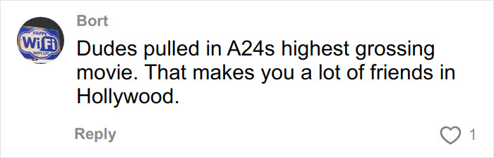 User comment on social media about A24's highest grossing movie and Hollywood friendships, related to Timothée Chalamet Oscar chances.